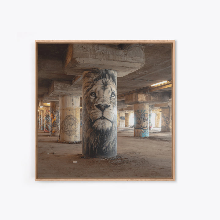 Realistic Lion Portrait On Concrete Pillar Wall Art, Urban Wildlife Canvas Print, Graffiti Decor For Office And Man Cave