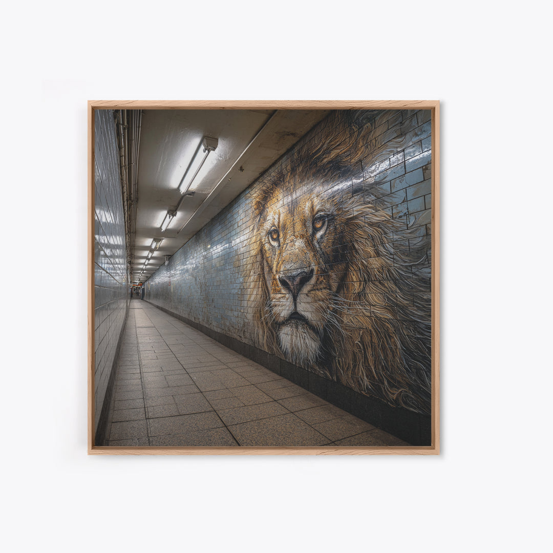 Majestic Lion Mural In Subway Tunnel Wall Art, Urban Street Art Print, Animal Wall Decor, Masculine Office Decor Gift Idea