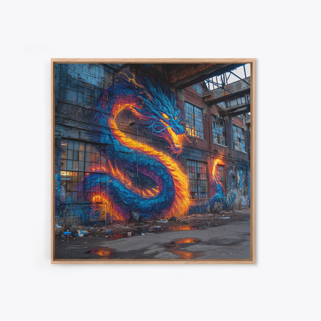 Neon Dragon Graffiti On Abandoned Brick Wall Art, Cyberpunk Street Art Canvas Print, Bold Urban Home Decor Gift For Gamer Room