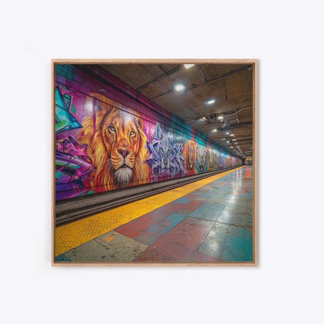 Vivid Lion Graffiti Subway Platform Canvas Print, Urban Street Art For Gaming Room Decor And Bold Modern Home Decor Wall Decor