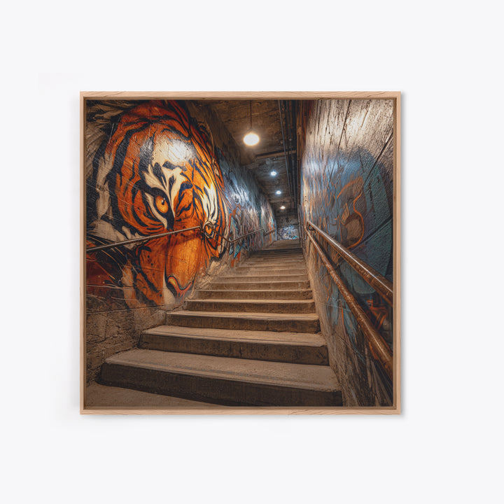 Roaring Tiger Graffiti Stairwell Wall Art, Urban Street Art Print, Industrial Decor, Bold Animal Wall Decor, Modern Home Decor