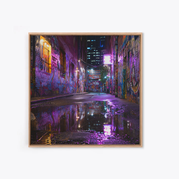 Neon Graffiti Alley Reflections Wall Art, Urban Street Canvas Print, City Night Decor, Edgy Contemporary Office Art Gift