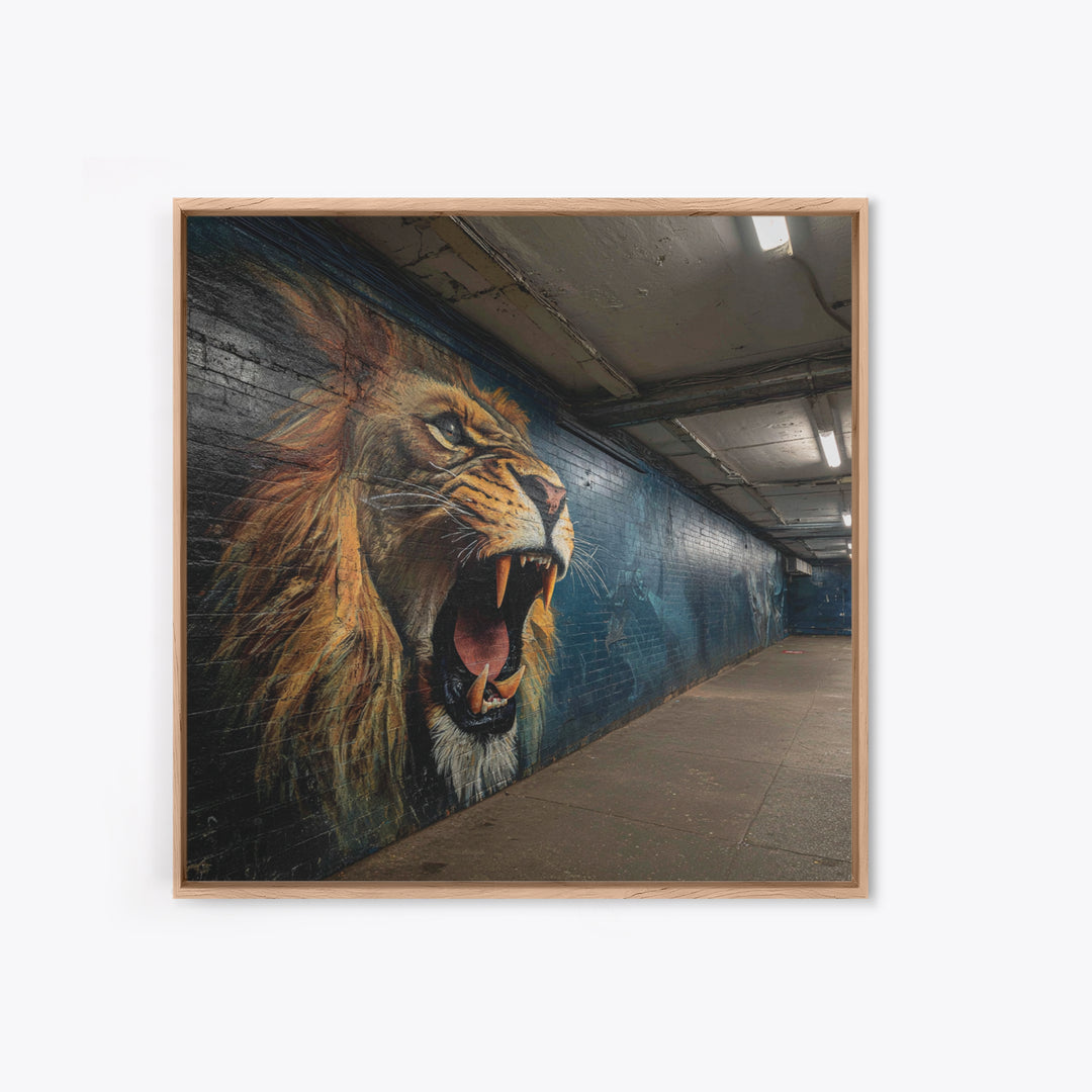 Roaring Lion Subway Mural Wall Art, Urban Graffiti Canvas, Big Cat Street Art Print, Bold Industrial Living Room Decor Gift