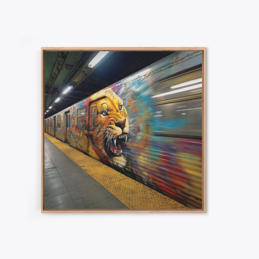 Roaring Lion Subway Train Canvas Print, Motion Blur Graffiti Wall Art, Big Cat Urban Street Decor For Modern Home Decor Gift