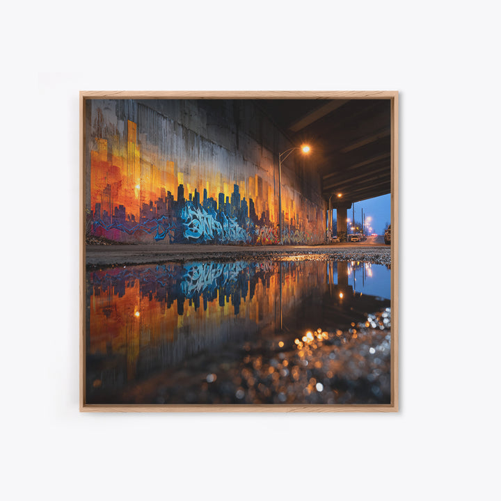 Urban Graffiti Underpass Wall Art, City Skyline Reflection, Street Art Print, Industrial Decor, Modern Office Wall Decor