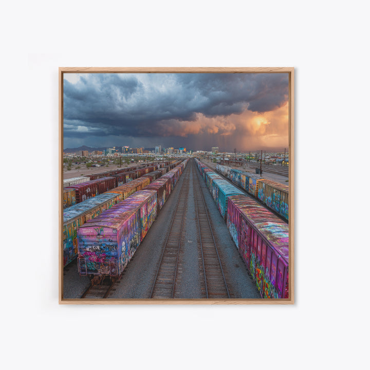 Graffiti Freight Train Yard Wall Art, Urban Street Art Canvas Print, Modern Industrial City Decor, Colorful Office Wall Art