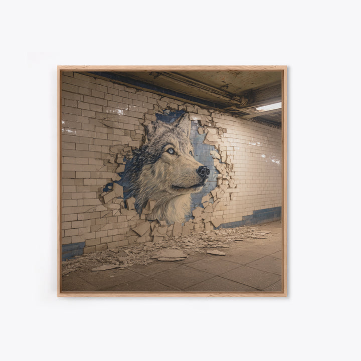 Wolf Mural Bursting Through Subway Tile Wall Art, Urban Animal Canvas Print, Street Art Decor For Modern Office Wall Decor Gift