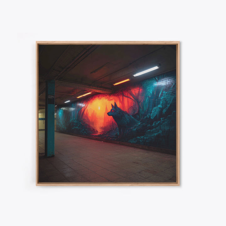 Neon Wolf Subway Mural Wall Art, Urban Graffiti Canvas Print, Cyberpunk Street Decor, Moody Animal Art For Home Office Gift
