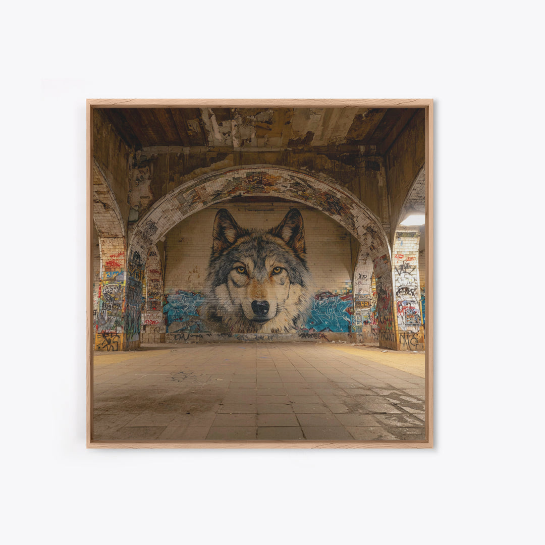 Realistic Wolf Mural In Abandoned Archway Framed Canvas Print, Urban Street Art, Animal Wall Decor, Moody Office Decor, Home Decor