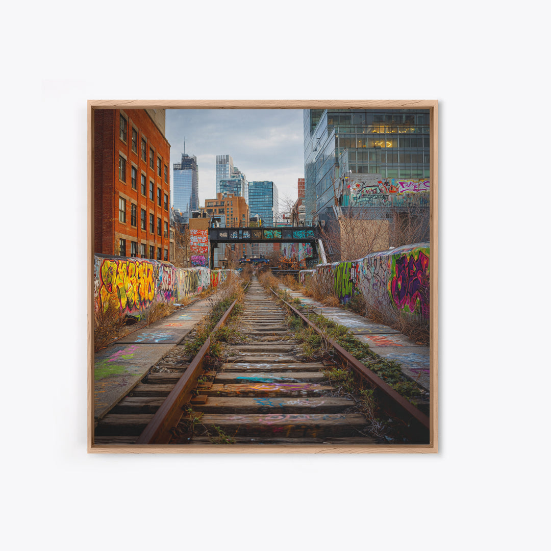 Abandoned Graffiti Railway Through City Wall Art, Urban Landscape Photography For Loft Decor And Modern Office Wall Decor