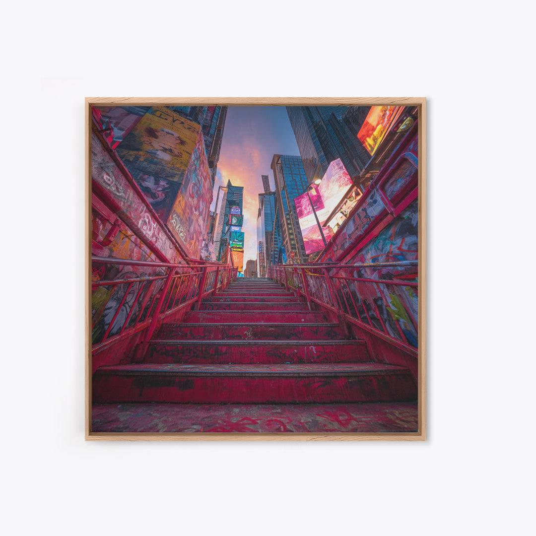 Neon City Stairway At Sunset Wall Art, Urban Graffiti, Times Square Travel Poster, Colorful Modern Canvas Print Home Decor