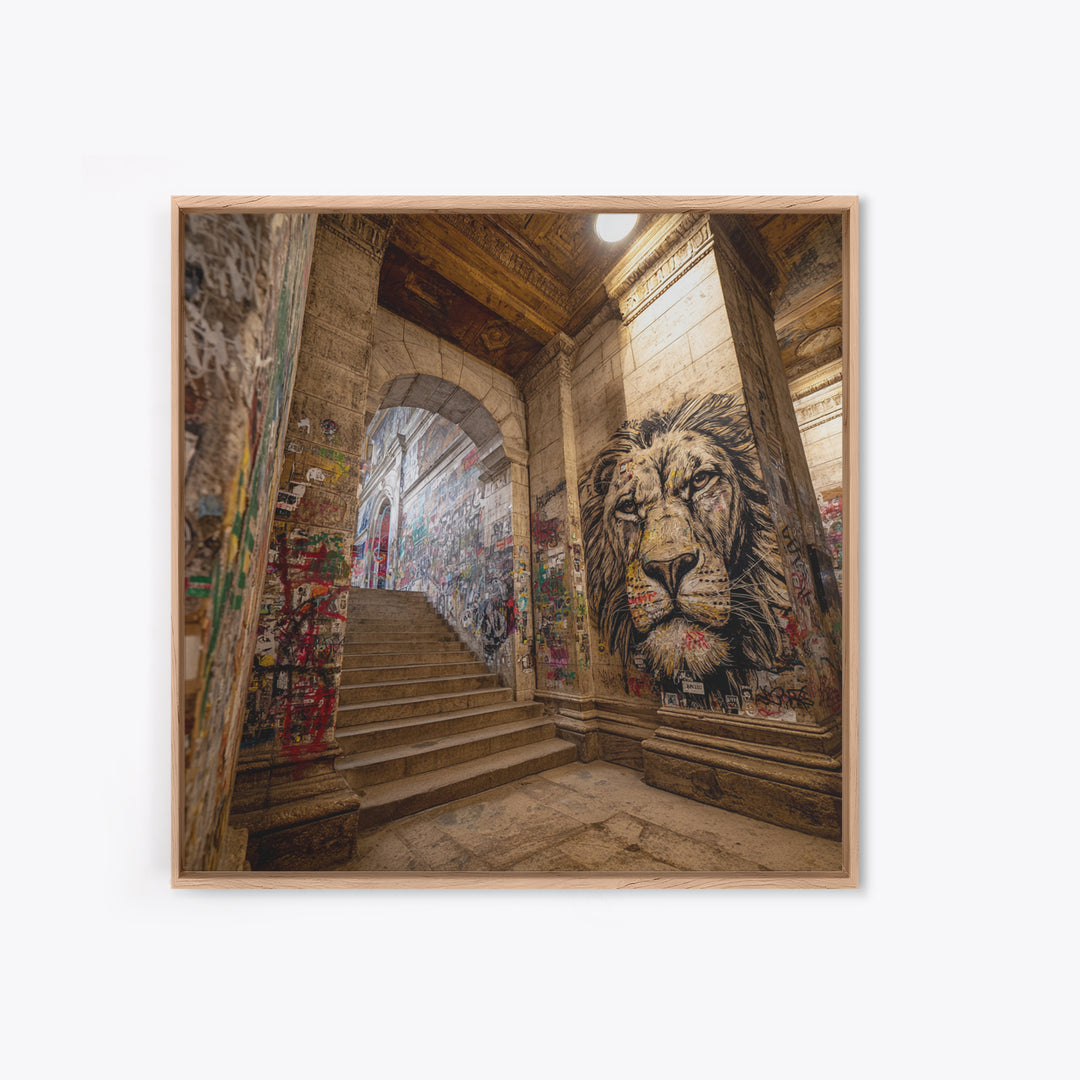Urban Lion Mural Stairway Wall Art, Graffiti Street Art Canvas Print, City Decor, Bold Contemporary Modern Office Wall Decor