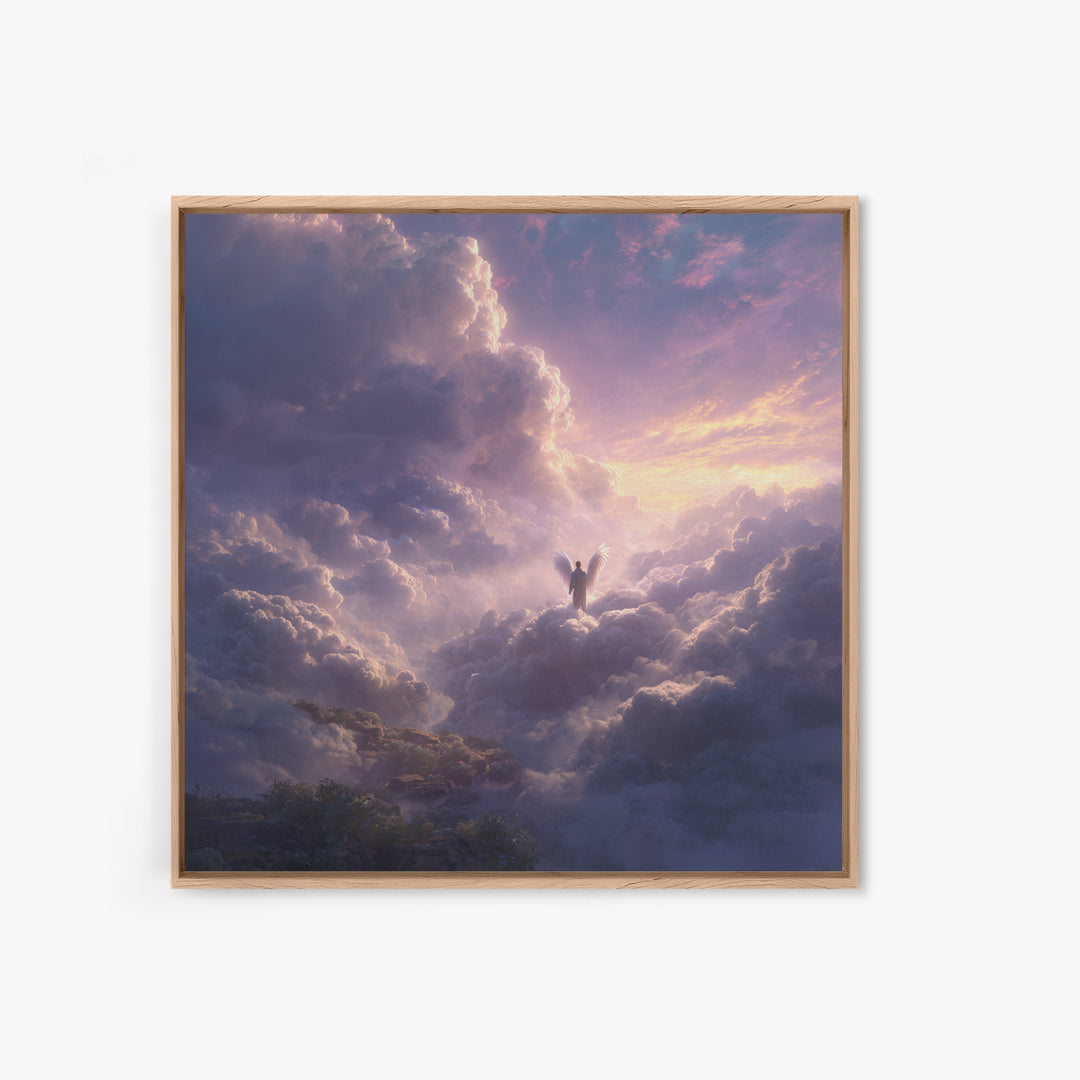 Radiant Angel Above Pastel Clouds Wall Art, Celestial Fantasy Canvas Print, Spiritual Decor, Ethereal Nursery Wall Art, Gift For Her
