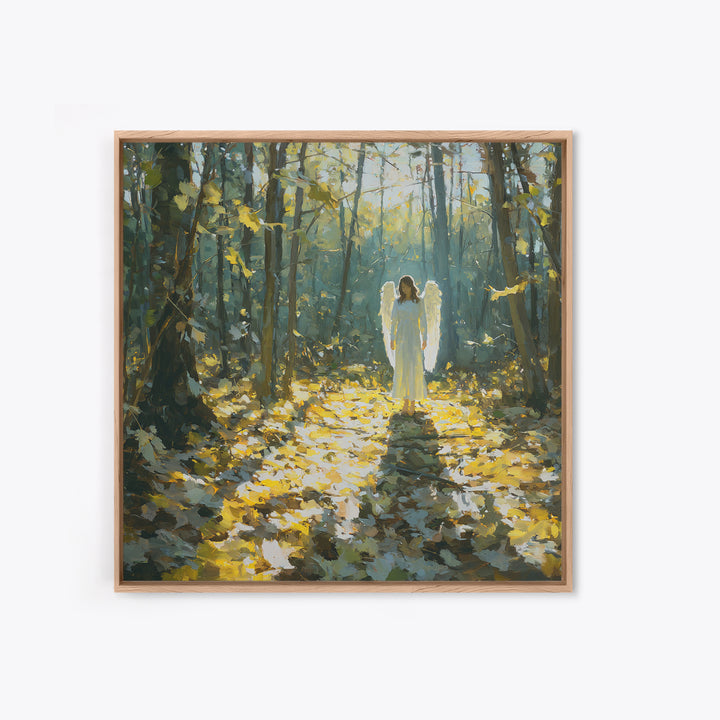 Sunlit Angel In Enchanted Forest Wall Art, Ethereal Christian Canvas Print, Woodland Decor, Spiritual Nursery Art, Calming Decor