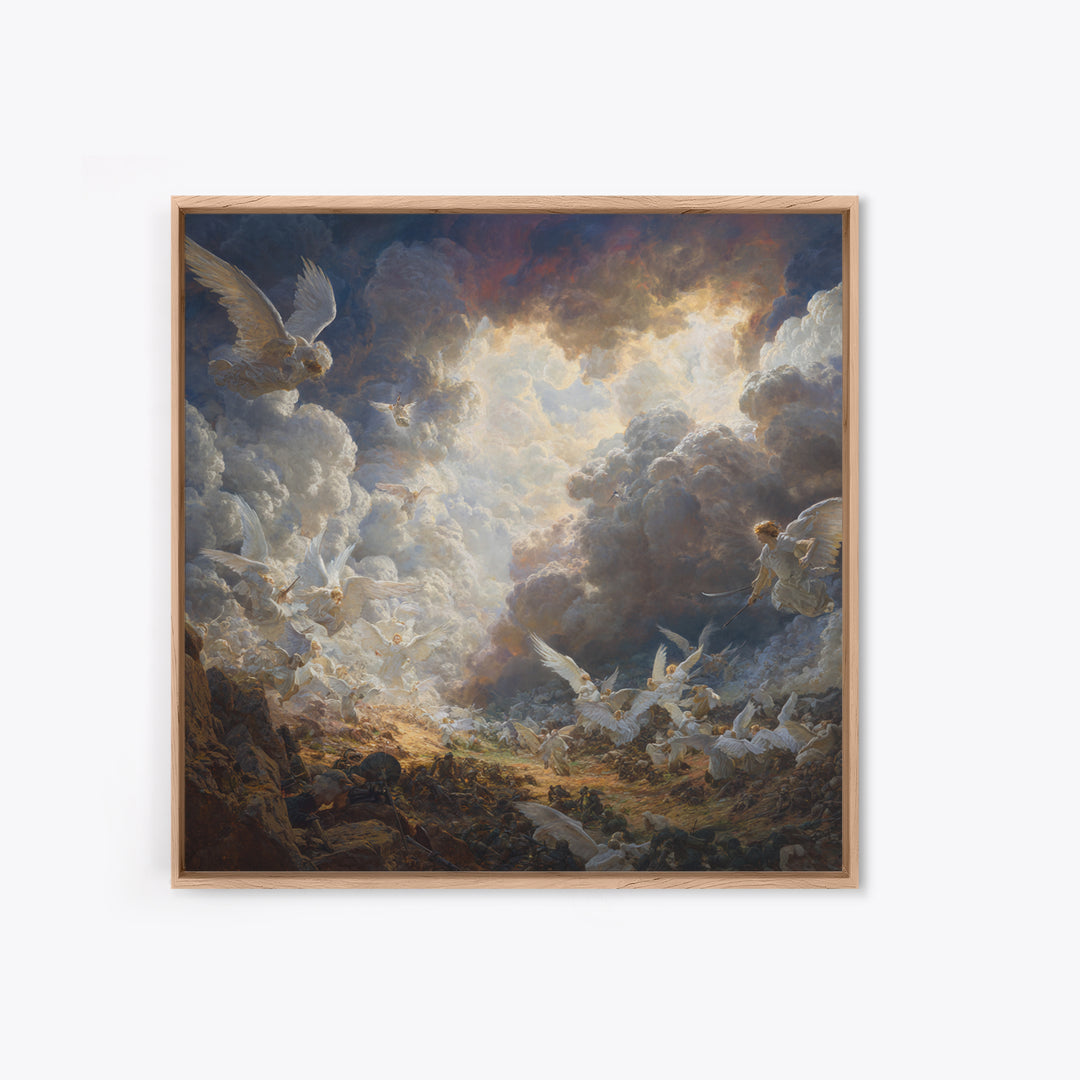 Heavenly Angels In Storm Clouds Canvas Print, Biblical Battle Painting, Christian Wall Decor, Dramatic Renaissance Art Gift