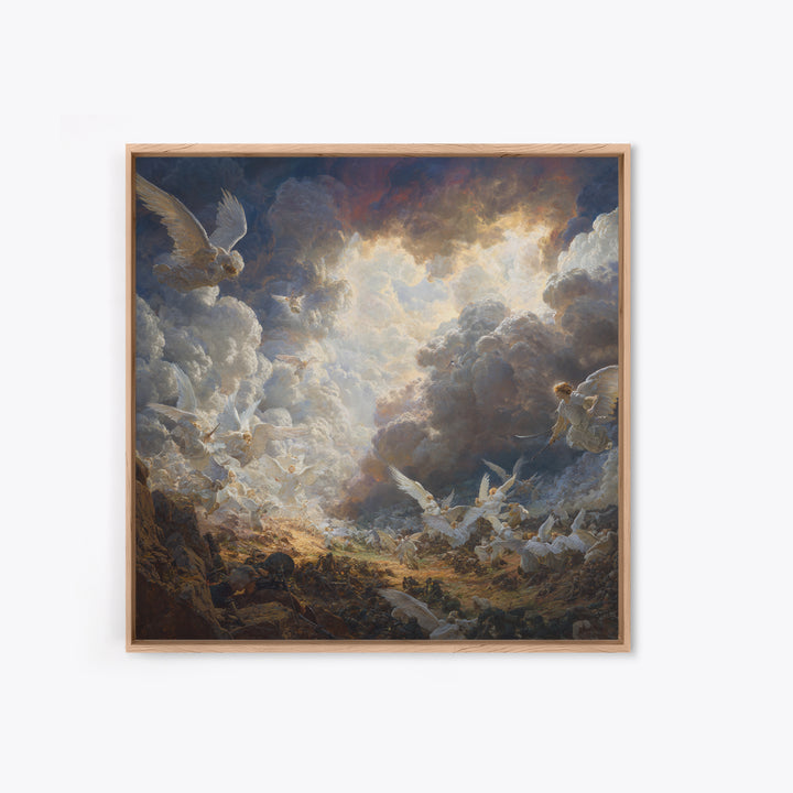 Heavenly Angels In Storm Clouds Canvas Print, Biblical Battle Painting, Christian Wall Decor, Dramatic Renaissance Art Gift