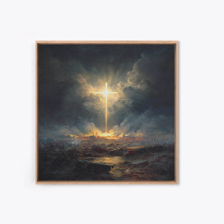Radiant Cross Over Stormy Battlefield Wall Art, Christian Canvas Print, Dramatic Religious Decor, Spiritual Gift For Home