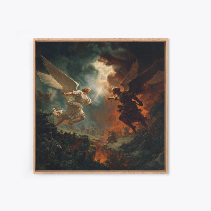 Angel Duel Over Apocalyptic Battlefield Wall Art, Dark Fantasy Framed Canvas Print, Biblical Spiritual Home Decor Gift For Him