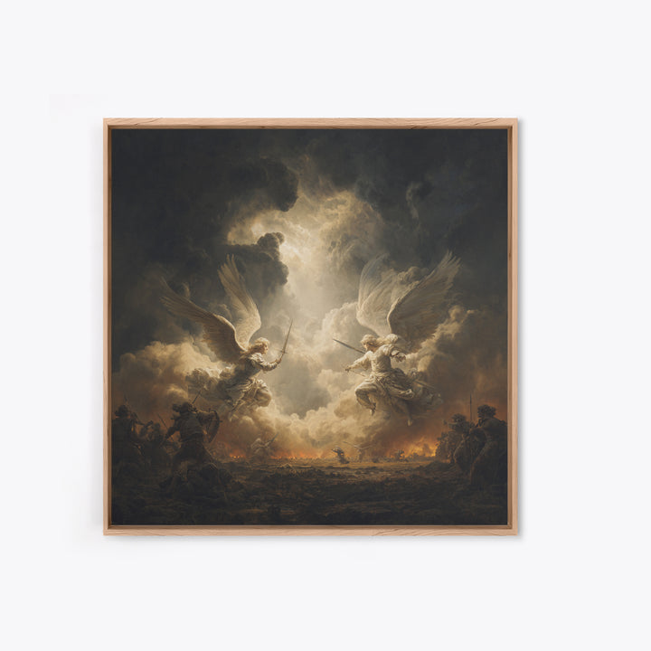 Angelic Battle In Storm Clouds Framed Canvas Print, Dark Baroque Religious Art, Renaissance Wall Decor, Dramatic Fine Art