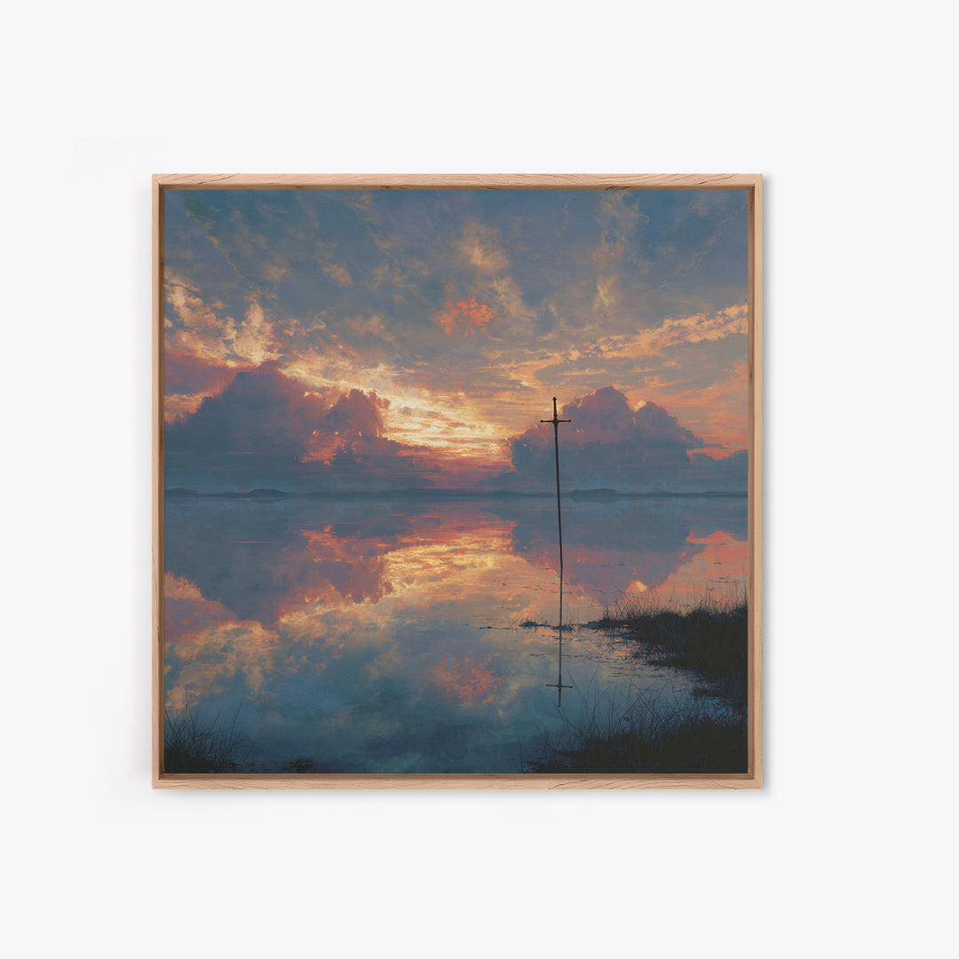 Solitary Cross At Sunset Wall Art, Reflective Lake Landscape Print, Christian Artwork, Spiritual Home Decor, Prayer Room Gift