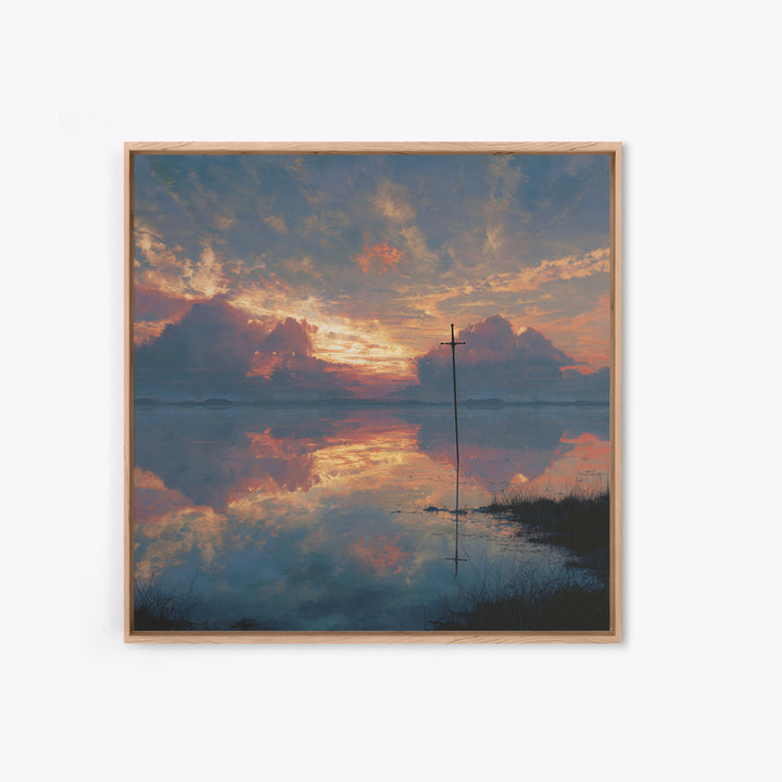 Solitary Cross At Sunset Wall Art, Reflective Lake Landscape Print, Christian Artwork, Spiritual Home Decor, Prayer Room Gift