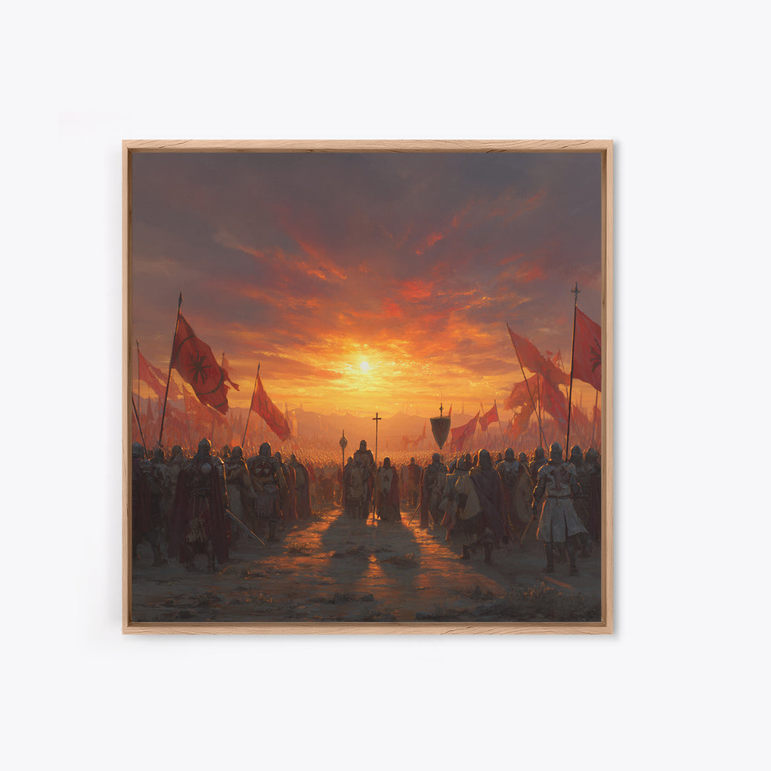 Medieval Army At Fiery Sunset Framed Canvas Print, Crusader Battle Wall Art, Epic Fantasy Decor, Historical Gift For Him