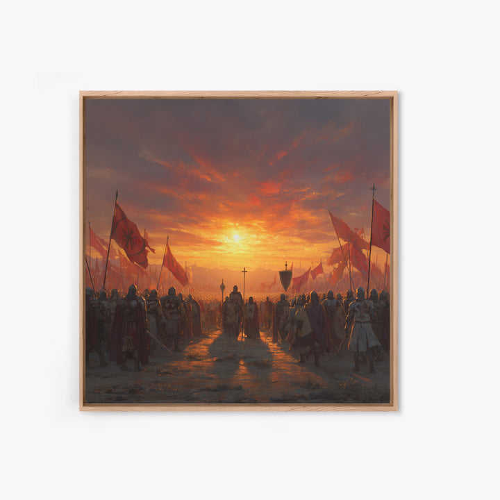 Medieval Army At Fiery Sunset Framed Canvas Print, Crusader Battle Wall Art, Epic Fantasy Decor, Historical Gift For Him