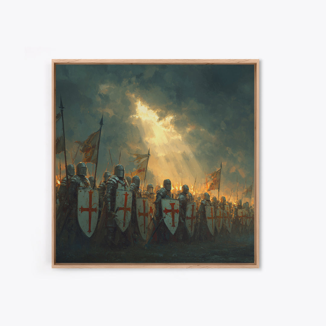 Crusader Knights With Shields Wall Art, Medieval Battle Scene, Religious History Decor, Dark Fantasy Framed Canvas Print