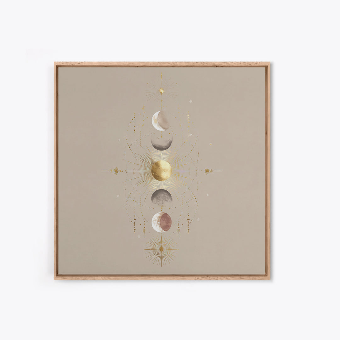 Celestial Moon Phase Wall Art, Gold Sun And Stars Canvas Print, Mystical Astrology Decor, Boho Neutral Bedroom Wall Decor