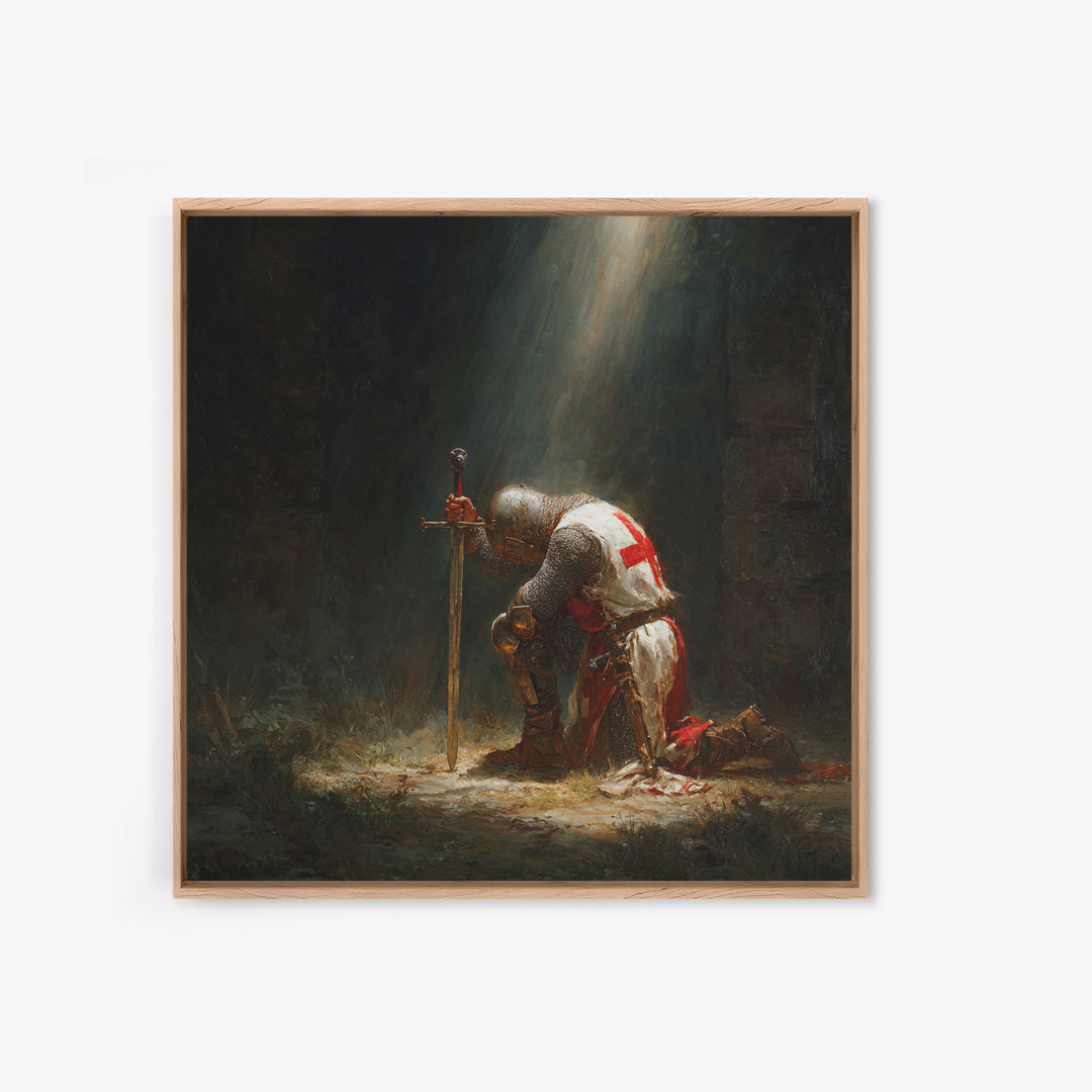 Kneeling Templar Knight In Sacred Light Framed Canvas Print, Medieval Christian Wall Art For Gothic Office Decor Gift Idea
