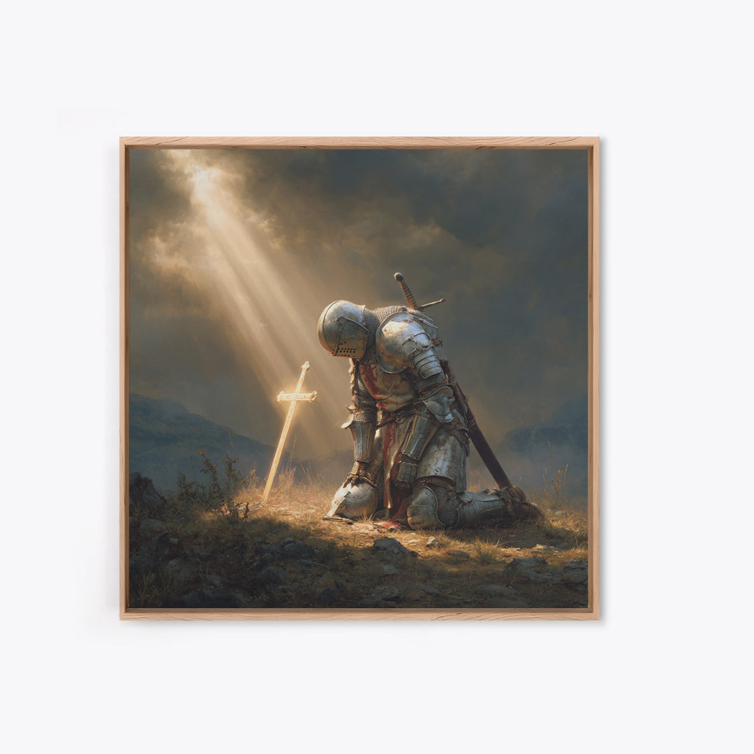 Kneeling Knight Before Glowing Cross Wall Art, Medieval Christian Painting, Inspirational Faith Decor, Gift For Men Poster