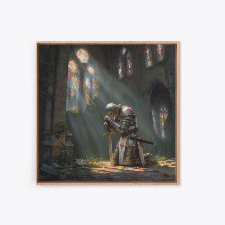 Kneeling Knight In Ruined Cathedral Framed Canvas Print, Medieval Fantasy Wall Art, Christian Decor, Gothic Gift For Him