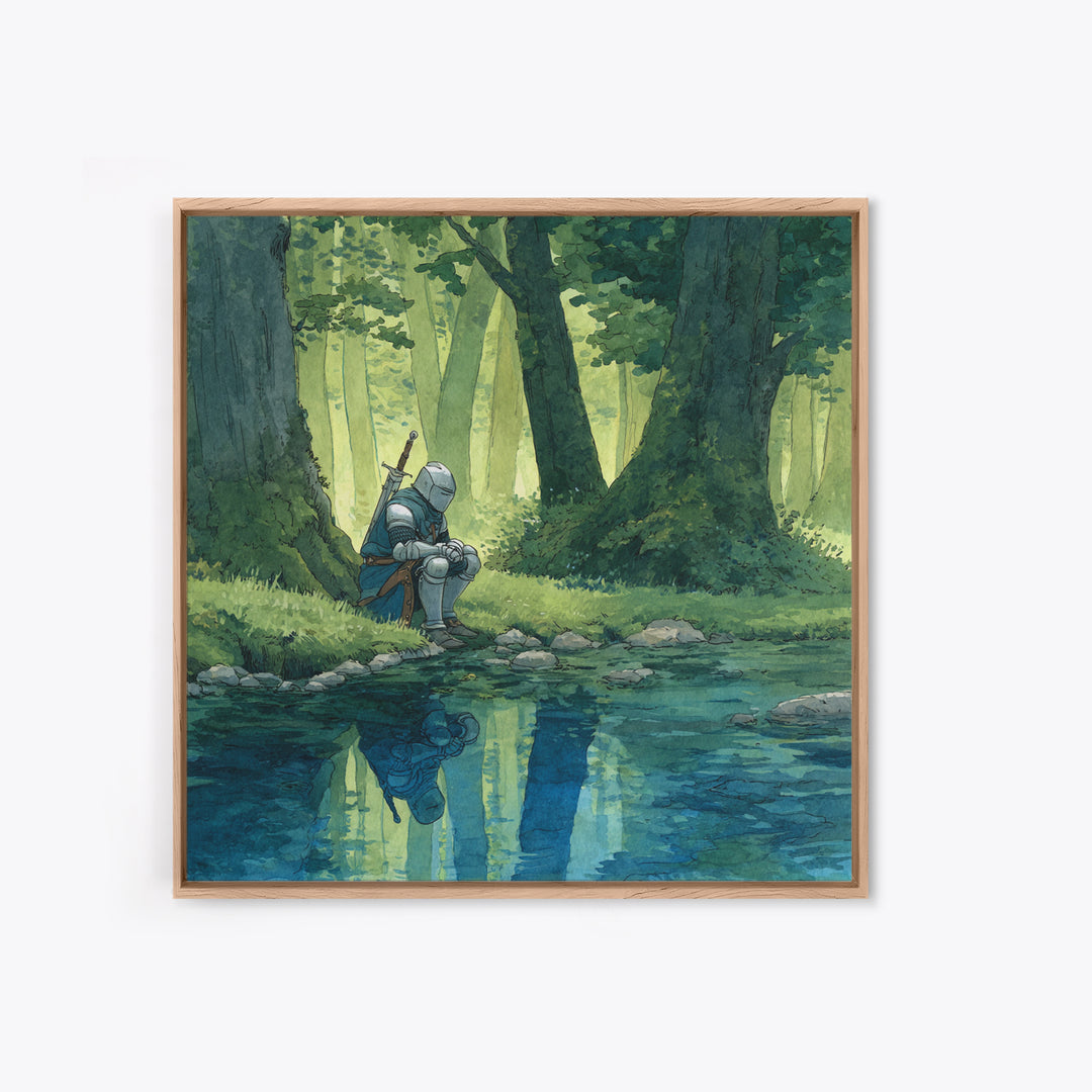 Solitary Knight Resting Beside Forest Stream Wall Art, Fantasy Art Print, Medieval Decor, Woodland Landscape, Gift For Him