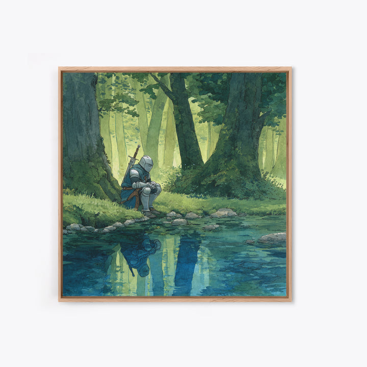 Solitary Knight Resting Beside Forest Stream Wall Art, Fantasy Art Print, Medieval Decor, Woodland Landscape, Gift For Him