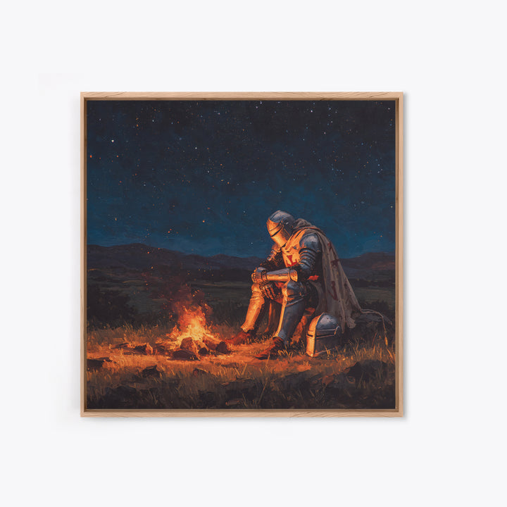 Solitary Knight By Campfire Wall Art, Starry Night Fantasy Canvas Print, Medieval Decor, Dark Academia Gift For Him, Moody Wall Decor