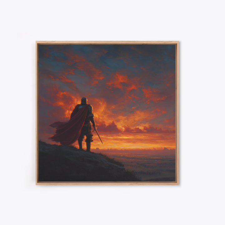 Lone Knight At Fiery Sunset Wall Art, Medieval Fantasy Warrior Canvas Print, Dramatic Landscape For Masculine Home Decor