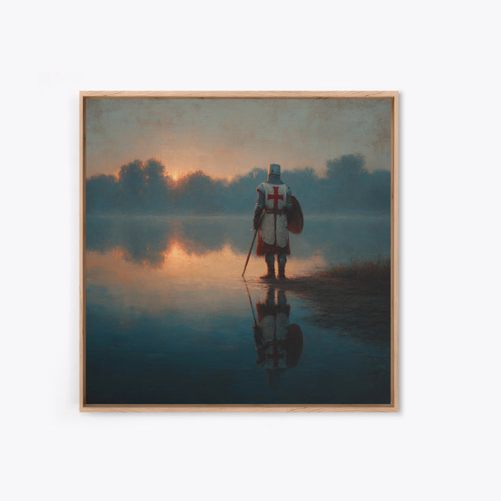 Lone Crusader Knight At Misty Lake Wall Art, Medieval Landscape Painting, Dark Academia Decor, Historical Framed Canvas Print