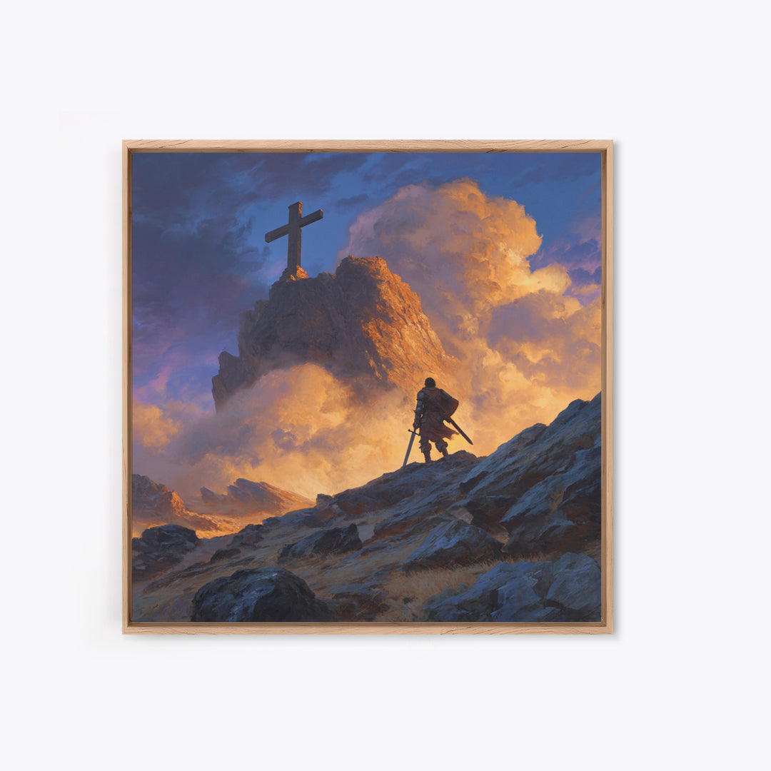 Epic Warrior Climbing Mountain To Cross Wall Art, Christian Fantasy Canvas Print, Inspirational Decor, Faith Gift For Him