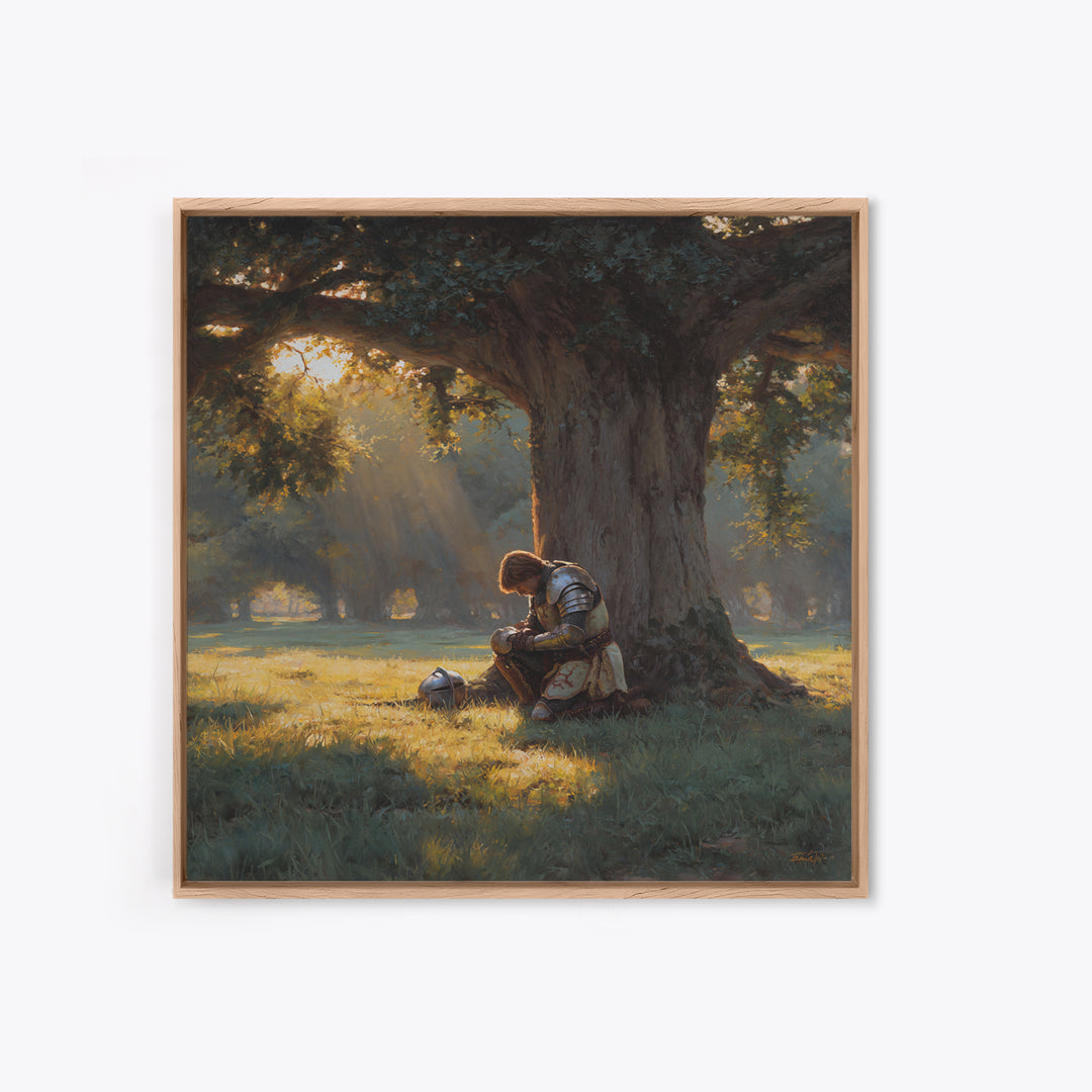Praying Knight Beneath Ancient Oak Canvas Print, Medieval Fantasy Wall Art, Christian Warrior, Rustic Landscape Home Decor