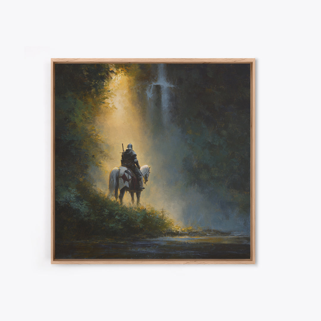 Lone Knight And White Horse By Waterfall Framed Canvas Print, Epic Fantasy Wall Art, Medieval Decor, Adventure Gift For Him