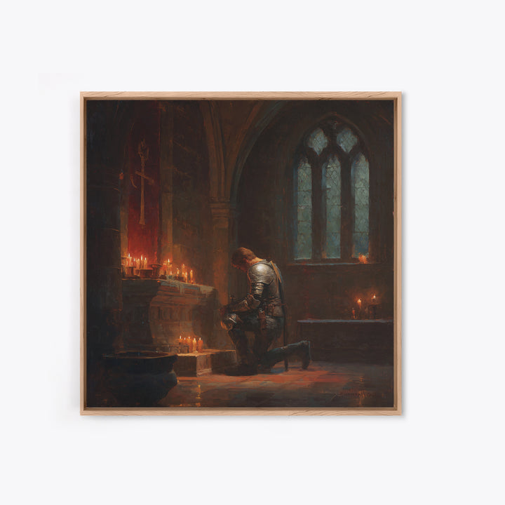 Kneeling Knight In Candlelit Chapel Wall Art, Gothic Medieval Canvas Print, Dark Academia Decor, Fantasy Christian Art Gift