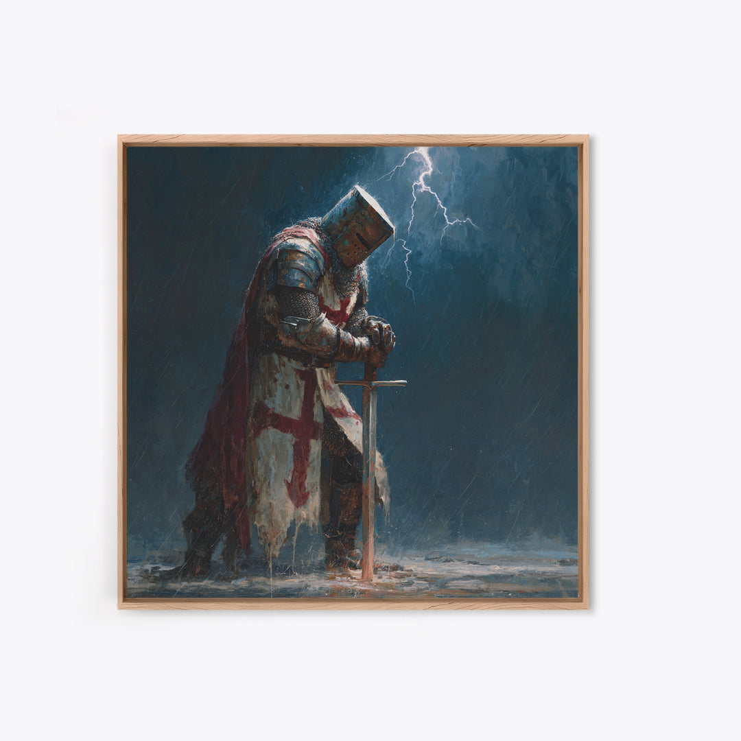 Stormy Praying Knight With Sword Wall Art, Medieval Fantasy Canvas Print, Gothic Christian Dark Academia Home Decor, Gift For Him