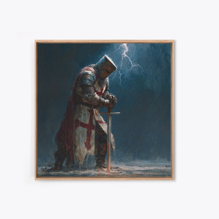 Stormy Praying Knight With Sword Wall Art, Medieval Fantasy Canvas Print, Gothic Christian Dark Academia Home Decor, Gift For Him