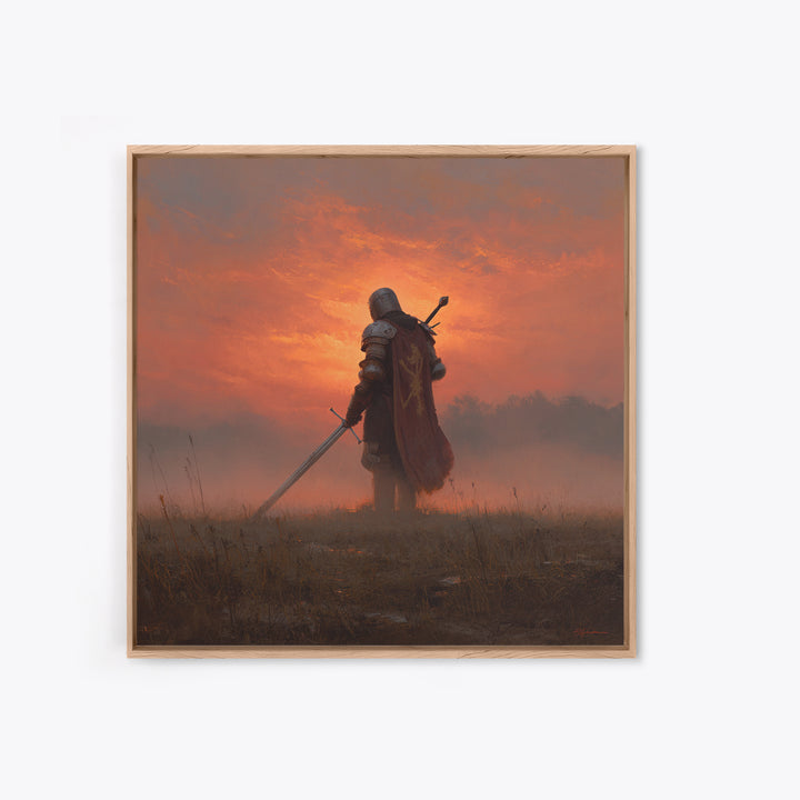 Lone Medieval Knight At Fiery Sunset Wall Art, Fantasy Warrior Canvas Print, Gothic Castle Decor, Dramatic Gift For Him Art