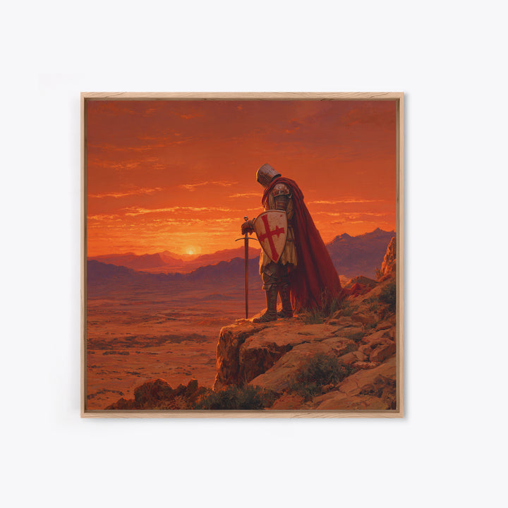 Crusader Knight At Sunset Canvas Print, Medieval Fantasy Art, Red Desert Landscape, Gothic Wall Decor, Gift For Him, Man Cave Decor