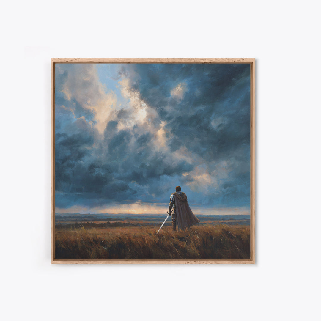 Lone Warrior Beneath Storm Clouds Wall Art, Medieval Fantasy Landscape Painting, Dark Academia Decor, Gift For Him Poster