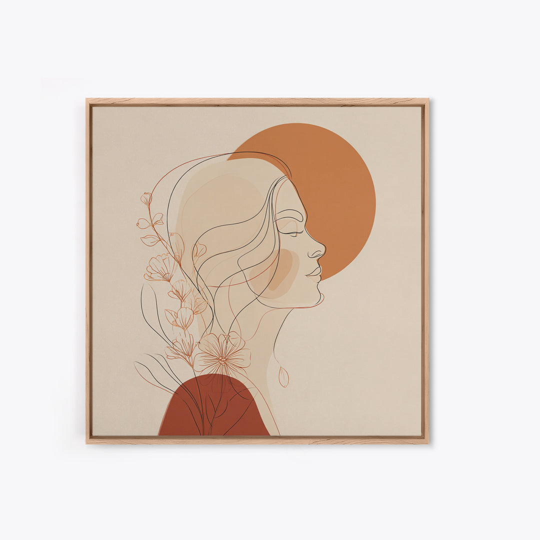 Floral Woman Line Art Canvas Print, Terracotta Sun Portrait Wall Art, Feminine Boho Decor, Minimalist Bedroom Art Print For Her
