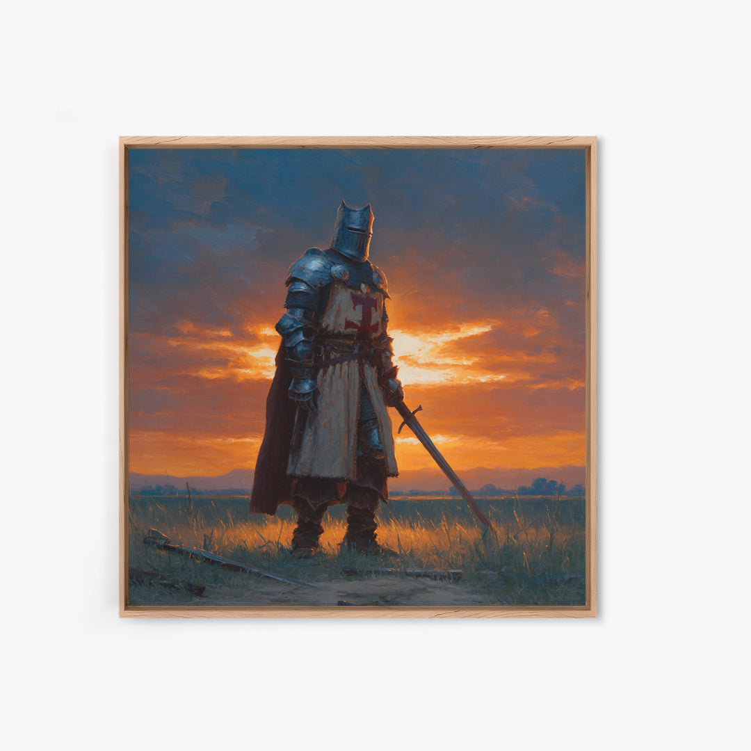 Medieval Knight At Sunset Framed Canvas Print, Crusader Wall Art, Fantasy Warrior Decor, Masculine Office Art, Gift For Him