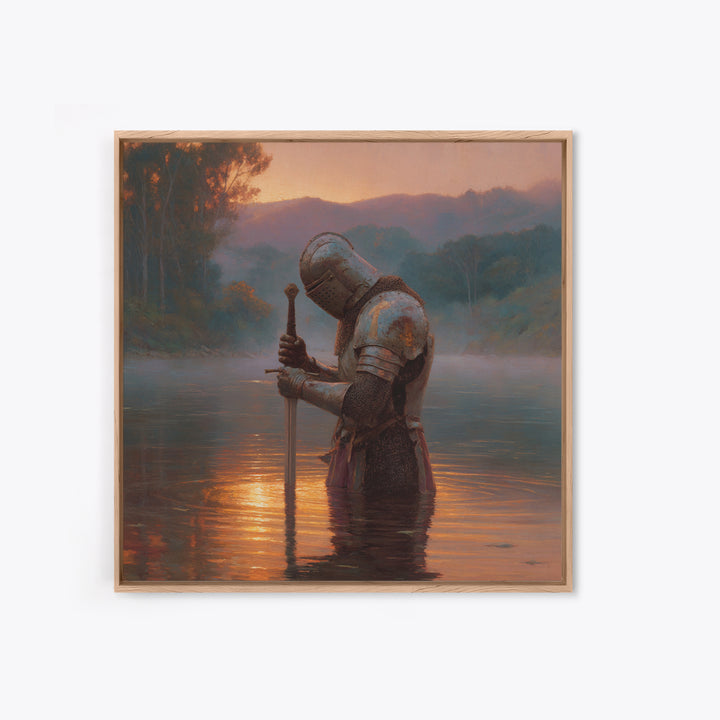 Armored Knight In Sunset River Wall Art, Medieval Fantasy Landscape Painting, Moody Rustic Decor, Historical Canvas Print