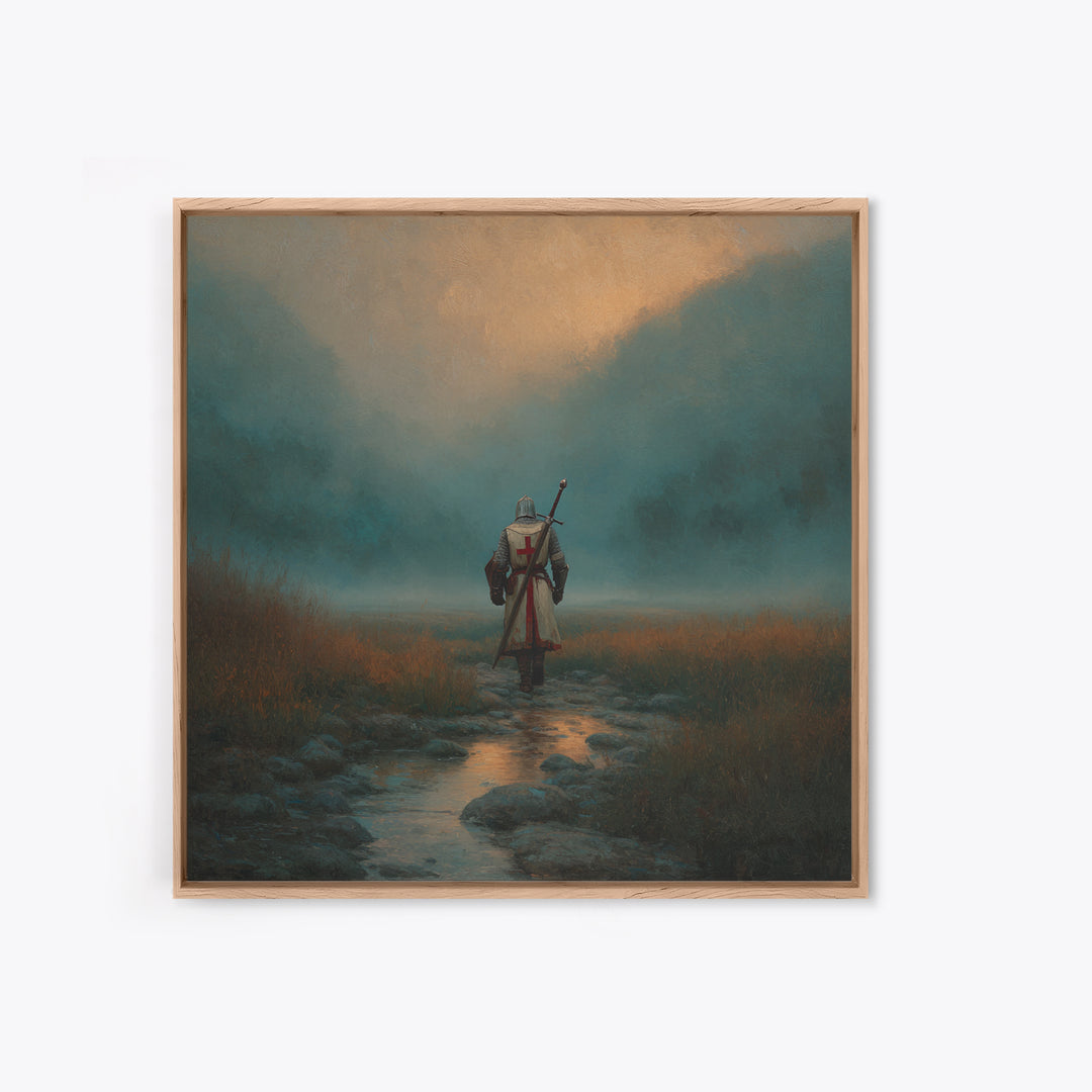 Foggy Knight Mountain Path Wall Art, Moody Fantasy Landscape Print, Medieval Warrior Decor, Rustic Home Decor Gift For Living Room
